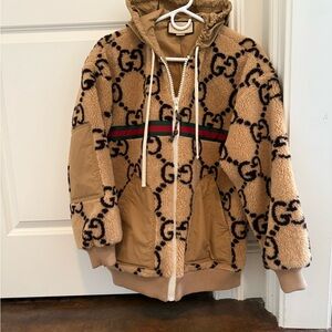 Gucci Beige and Black Logo Sherpa Jacket